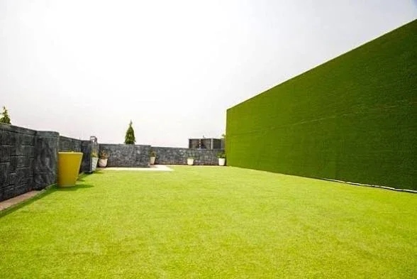 An empty open-air area at De Icon with a green floor and planted boundary